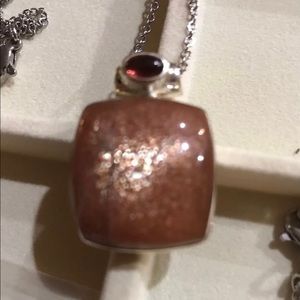 NWOT Sterling Silver Golden Rainbow Sunstone Pendant Necklace Garnet Accent Gem